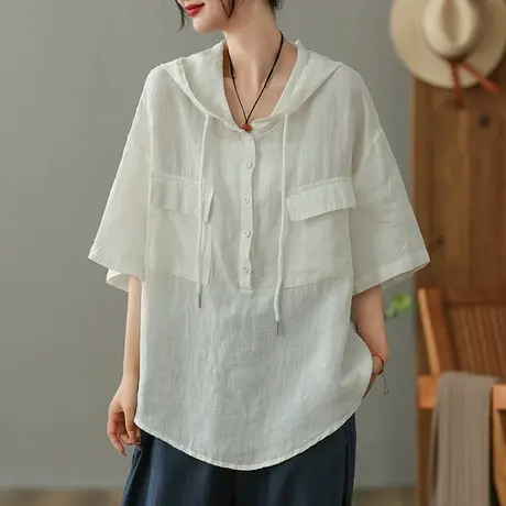 dza亚麻连帽短袖T恤女2023夏季薄款打底体恤宽松棉麻外搭套头上衣商品大图