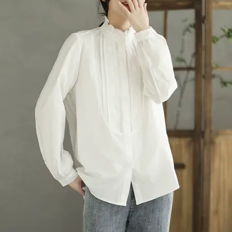 2023春装新款衬衣小个子设计感小众高端荷叶边立领白色衬衫女长袖图片