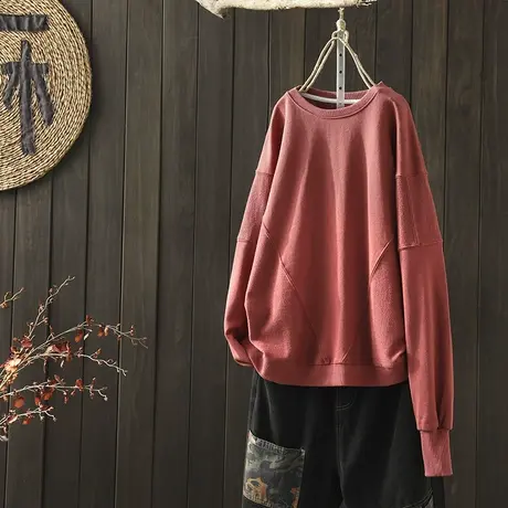 枫谜2020年秋装新款文艺复古圆领套头卫衣女宽松休闲毛圈百搭上衣图片