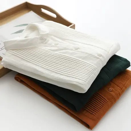 复古文艺双层棉纱娃娃领白色衬衫女春秋季新款宽松风琴褶打底上衣图片