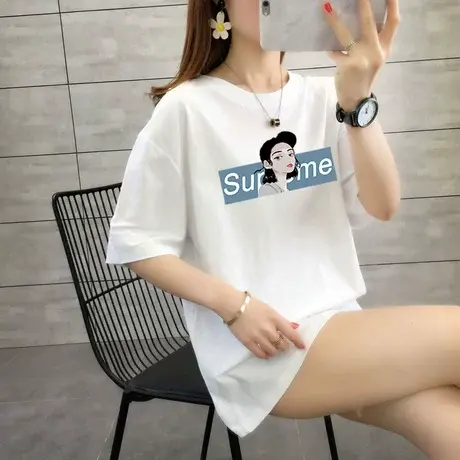 2023夏季新款网红超火圆领白色短袖t恤女宽松ins潮心机百搭上衣服图片