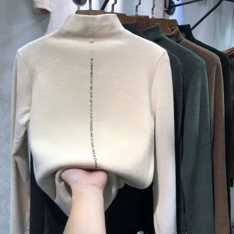 秋冬装半高领加绒加厚双面羊绒打底衫女士内搭磨毛德绒保暖上衣服图片