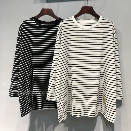 2023秋装韩国ulzzang新款衣角标签装饰宽松中长款横条纹长袖T恤女商品大图