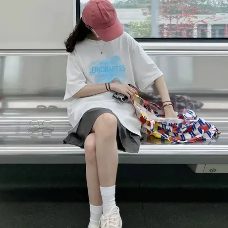 欧货上衣清仓外贸仿棉短袖t恤女夏季中长款圆领宽松印花体恤ins潮商品大图