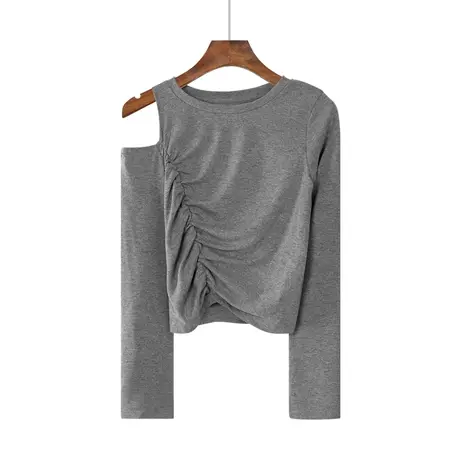春秋季打底衫圆领露肩长袖女士内搭上衣韩版高腰修身性感打褶T恤商品大图