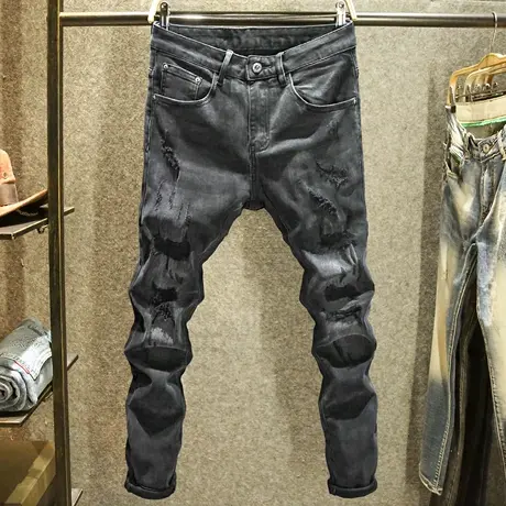 黑色猫爪破洞刮烂牛仔裤男款秋季韩版修身小脚裤潮牌男生痞帅裤子商品大图