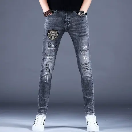男士灰色烫钻印花牛仔裤男秋季男款2023新款修身小脚裤子休闲弹力商品大图