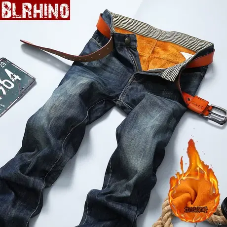 秋冬款男士宽松直筒加绒加厚保暖防寒牛仔裤长裤复古黑色青年冬装商品大图