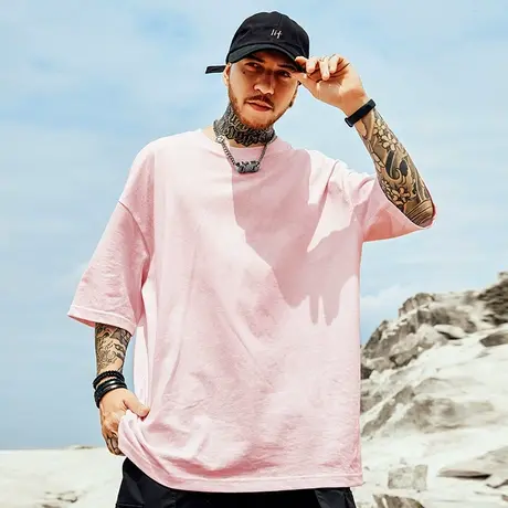 加肥加大纯色宽松T恤情侣装纯棉胖子粉色半袖大码男短袖五分袖夏图片