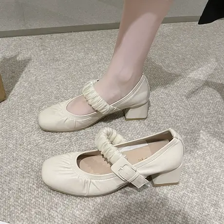 法式玛丽珍鞋小皮鞋女2023年秋季新款晚晚鞋软皮褶皱中跟方头单鞋商品大图