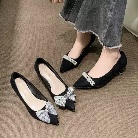 黑色高跟鞋女2023年新款时尚水钻蝴蝶结尖头女鞋法式珍珠细跟单鞋商品大图