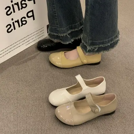 法式黑色圆头平底单鞋女2023春秋新款豆豆鞋浅口百搭复古玛丽珍鞋商品大图