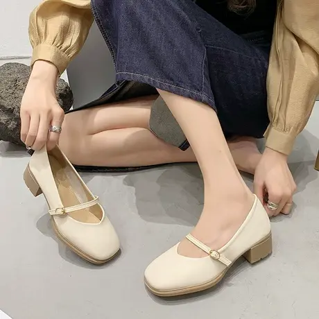 法式玛丽珍女鞋2023爆款旗袍单鞋春秋夏季高跟方根配裙子皮鞋包头商品大图