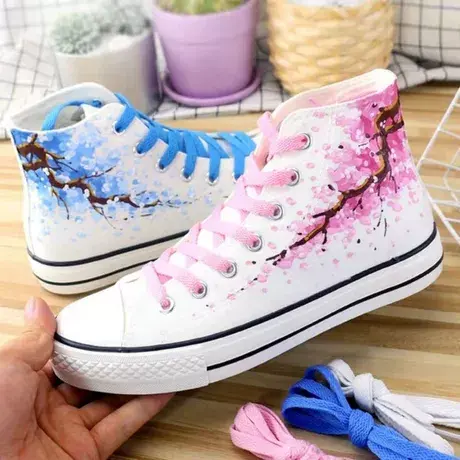 手绘爆改高帮鞋帆布鞋小白鞋子女鞋夏秋板鞋学生球鞋樱花联名鞋男图片