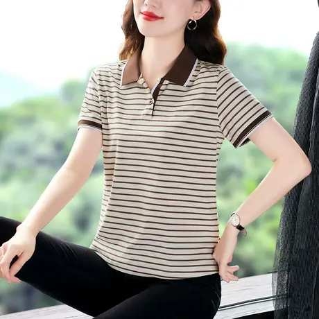 POLO领纯棉短袖t恤女2023年新款时尚修身显瘦条纹上衣百搭保罗衫图片