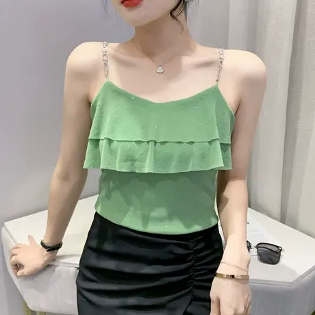 性感网纱吊带背心女2024夏季新款气质荷叶边小衫洋气百搭无袖上衣商品大图