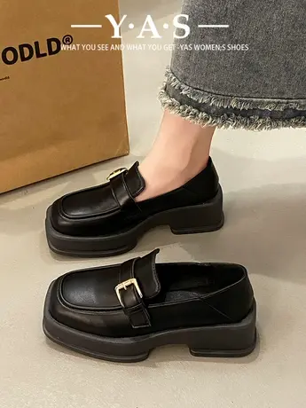 增高厚底乐福单鞋女2024春秋新款韩版复古方头粗跟小皮鞋女英伦风商品大图