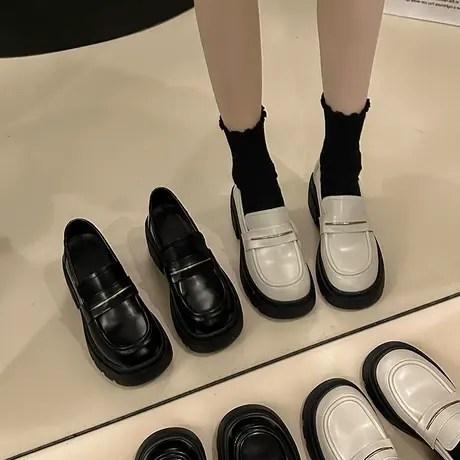 高级感英伦乐福鞋女2024春季新款矮子乐厚底鞋子一脚蹬粗跟小皮鞋图片