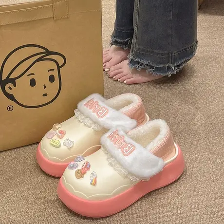 厚底棉拖鞋女冬季室内外穿可爱卡通加绒毛毛保暖防滑防水包跟棉鞋商品大图