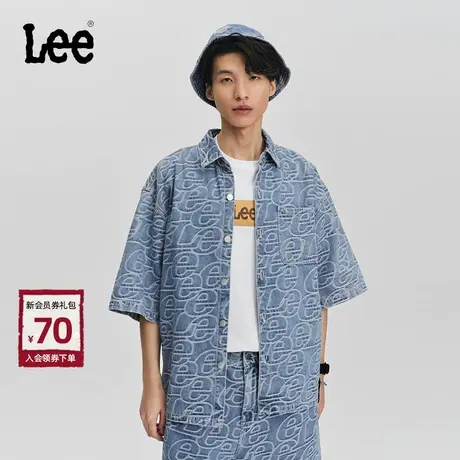 Lee商场同款24春夏新品舒适版Logo提花浅蓝色男短袖牛仔衬衫潮流商品大图