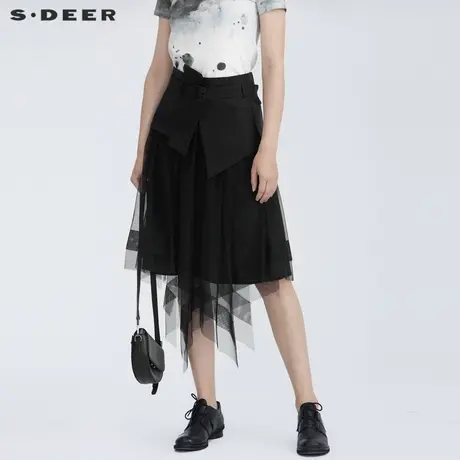 sdeer圣迪奥女装时尚腰带不规则拼接网纱黑色长裙S21261116图片