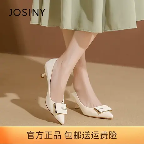 卓诗尼女鞋2023秋新款方扣细跟百搭工作鞋法式尖头单鞋浅口高跟鞋商品大图