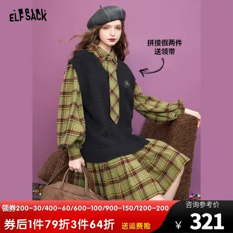 妖精的口袋假两件格纹长袖连衣裙女2023冬季新款复古学院风裙子商品大图