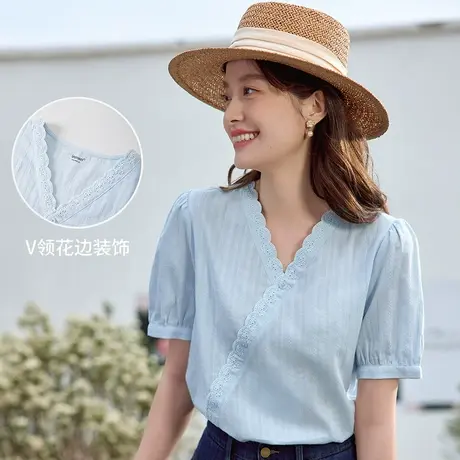 茵曼2023夏女装新款V领镂空花边泡泡袖短袖衬衣图片