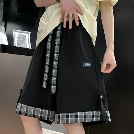 冰丝短裤男士夏季薄款宽松运动五分中裤男生潮牌翻边格子休闲裤子商品大图