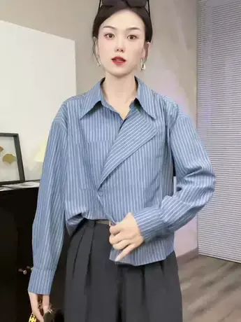 欧洲站早秋新款不规则条纹衬衫女甜辣高档别致西装领韩版宽松衬衣商品大图