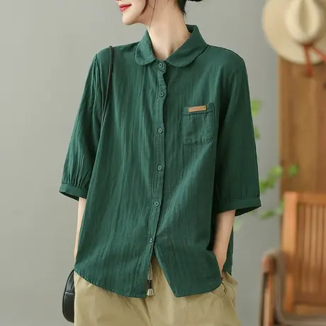 dza 复古全棉口袋衬衫女2023夏薄款纯色翻领衬衣宽松显瘦开衫上衣图片