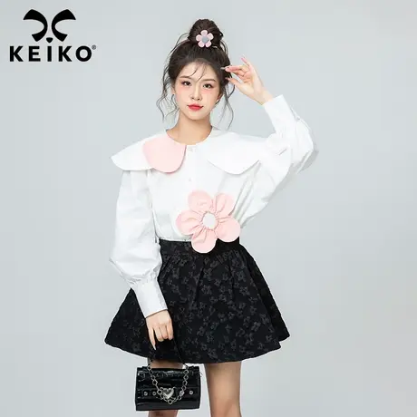 少女感设计款抽皱扎花白色衬衫女春秋小众设计甜美泡泡袖上衣商品大图