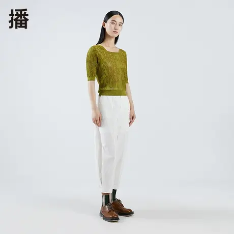 播2023秋季新款女士上衣复古方领提花修身短袖针织衫女DDO4SD4002商品大图
