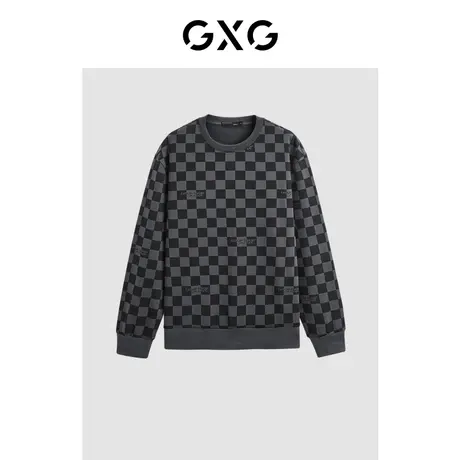 GXG男装秋冬热卖23年新款潮搭棋盘格创意印花男休闲圆领卫衣男商品大图