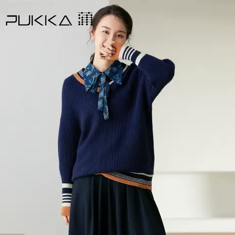 蒲PUKKA 高级感羊绒衫女100纯羊绒套头V领拼色条纹慵懒风针织衫商品大图