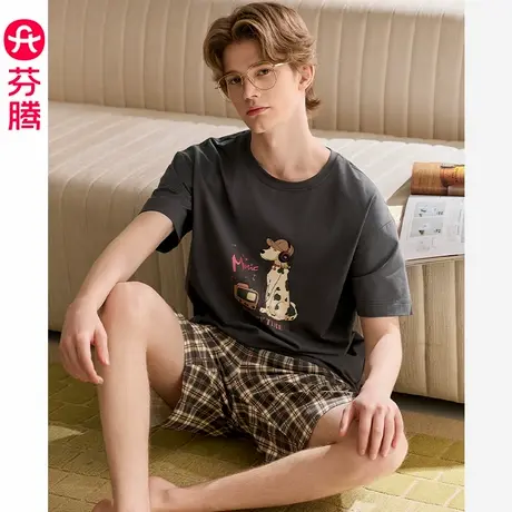 芬腾男士睡衣夏季纯棉短袖短裤套装青年男款休闲大码可外穿家居服商品大图