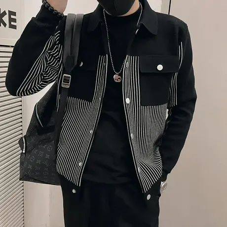 秋冬修身针织衫夹克男条纹拼接潮ins高级感翻领休闲开衫毛衣外套商品大图