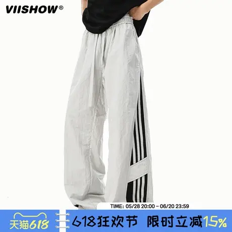 VIISHOW潮牌美式拉链条纹运动伞兵裤男复古宽松阔腿百搭休闲长裤商品大图