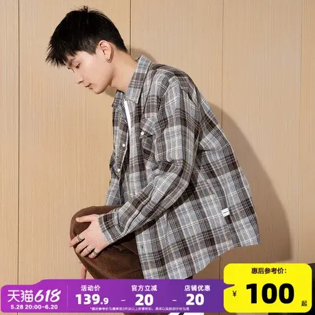 唐狮2025春季新款长袖衬衫男日系港风宽松衬衣青少年格子衬衫外套商品大图