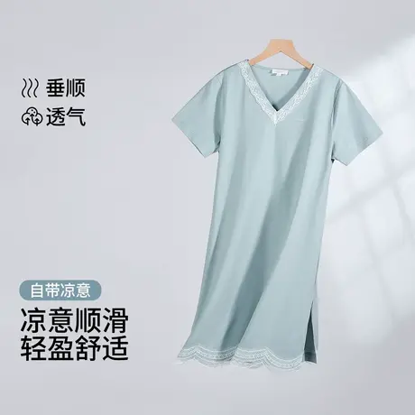 茜施尔新款夏薄睡裙女中长款短袖宽松简约风v领家居服凉感棉显瘦S图片