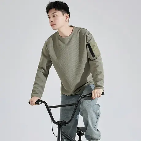 唐狮秋季新款男长袖t恤华夫格厚实圆领上衣口袋内搭打底衫潮t商品大图