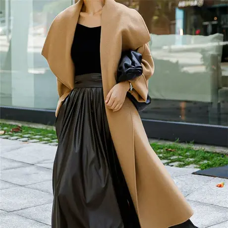 秋冬新款韩版时尚大衣女中长款廓形宽松大码系带收腰毛呢衣外套潮图片