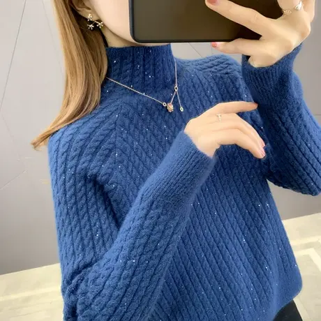 高领套头毛衣打底衫女秋冬装宽松外穿2023年新款时尚女士亮片上衣商品大图