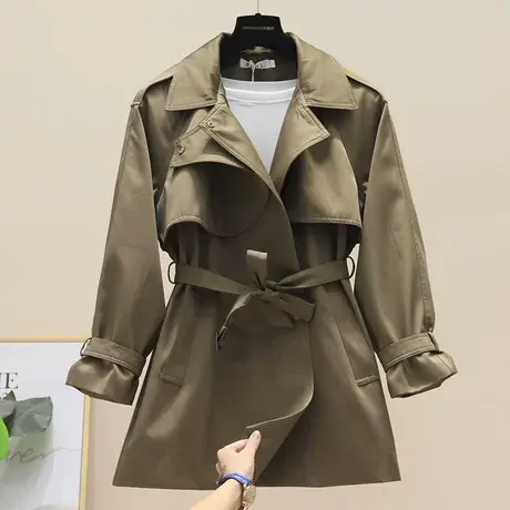 卡其色风衣女小个子2023秋季新款韩系双排扣流行宽松气质工装外套商品大图