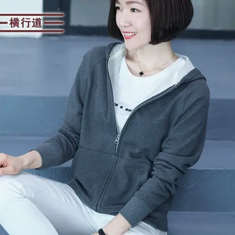 2023冬装灰色纯棉宽松上衣胖MM中年妈妈长袖拉链连帽卫衣女短外套商品大图