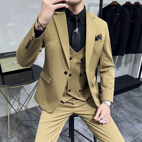 西服套装男三件套秋季大码西装外套修身通勤正装新郎痞帅结婚礼服图片