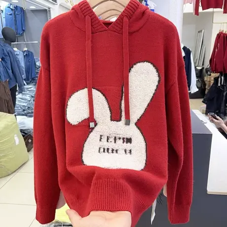 时尚兔子连帽加厚毛衣女士冬季新款氛围感穿搭过年衣服喜庆小衫潮商品大图