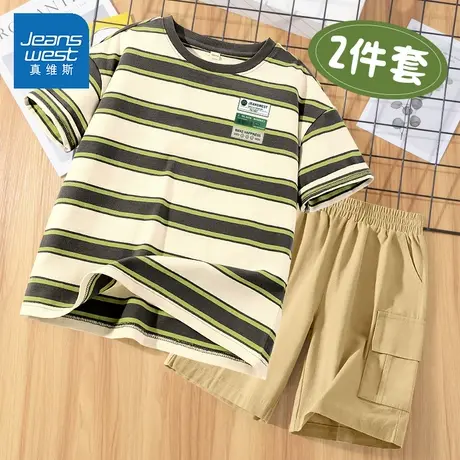 真维斯男童套装2025新款中大童条纹短袖夏薄款工装短裤儿童两件套商品大图