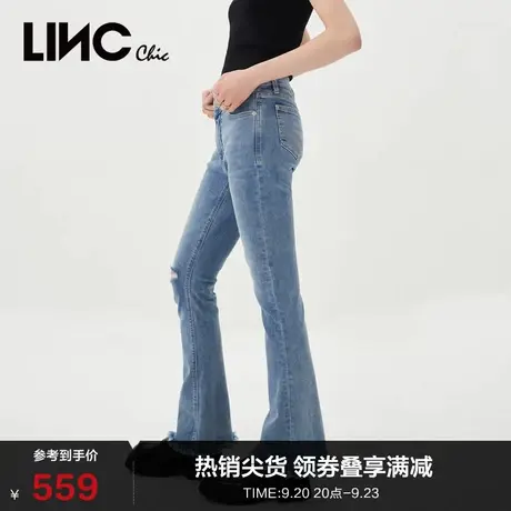 LINCCHIC金羽杰裤子女新款复古高腰破洞微喇叭牛仔裤女S231JE185Y商品大图