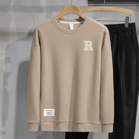 2023新款春秋季华夫格卫衣男士长袖t恤圆领套头无帽上衣宽松潮流图片